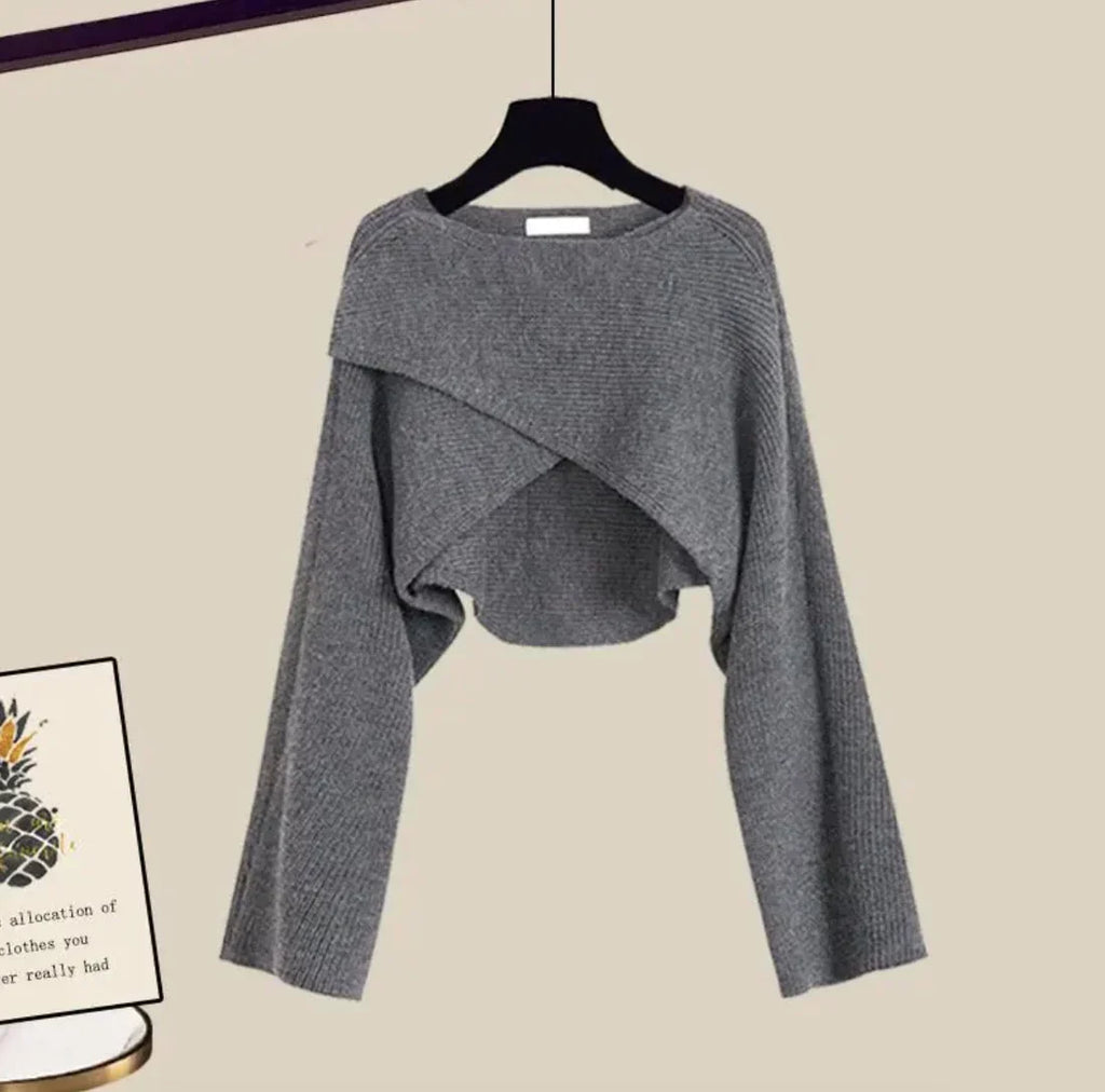 2-delige grijze damesset - stijlvolle cropped trui en broek met wijde pijpen
