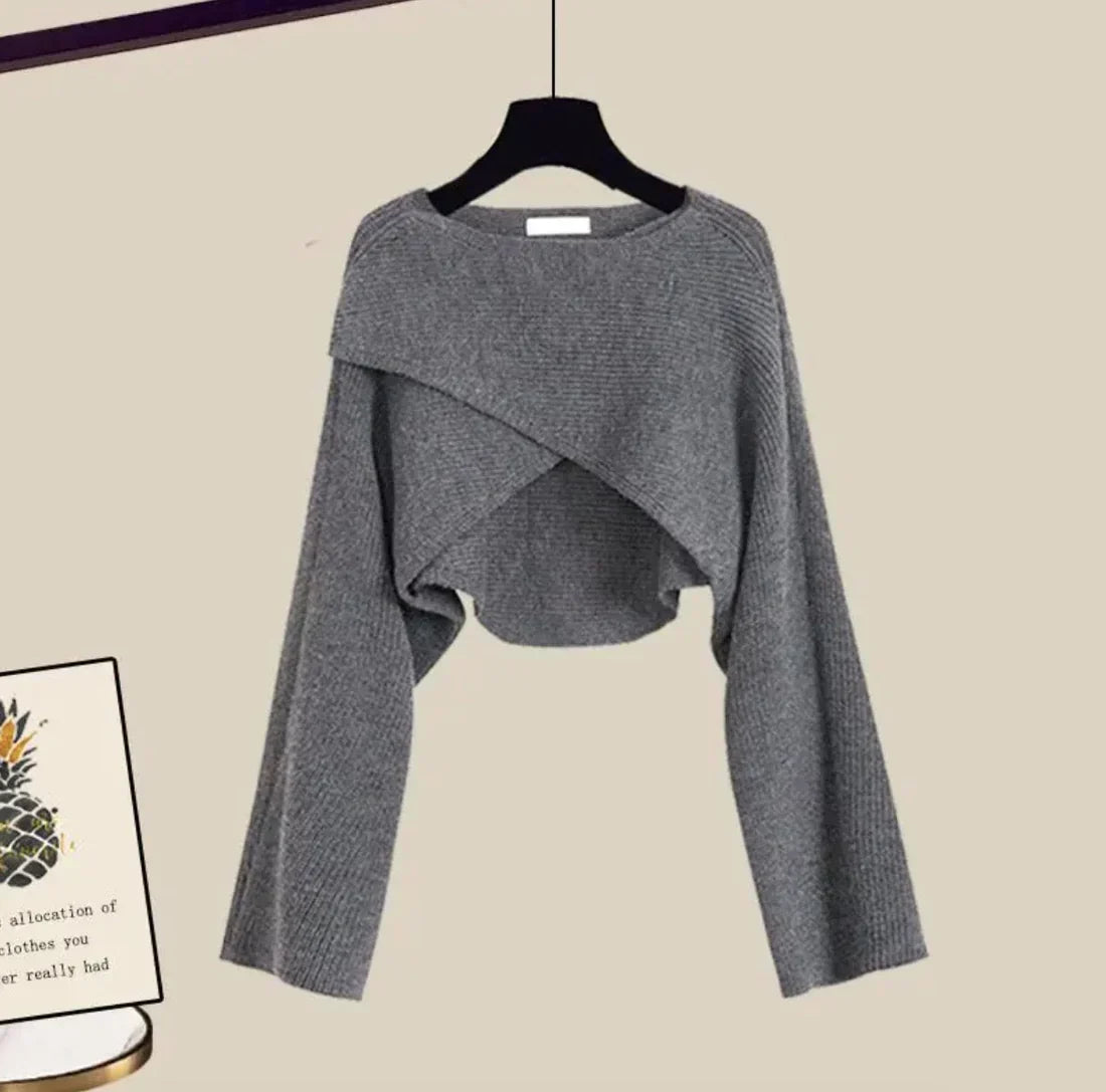 2-delige grijze damesset - stijlvolle cropped trui en broek met wijde pijpen